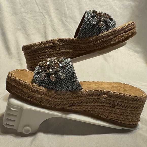 (6.5) BLUE SLIP-ON JEWELED PLATFORM WEDGE SANDAL JUTE WRAPPED ESPADRILLE BOTTOM - Picture 10 of 11
